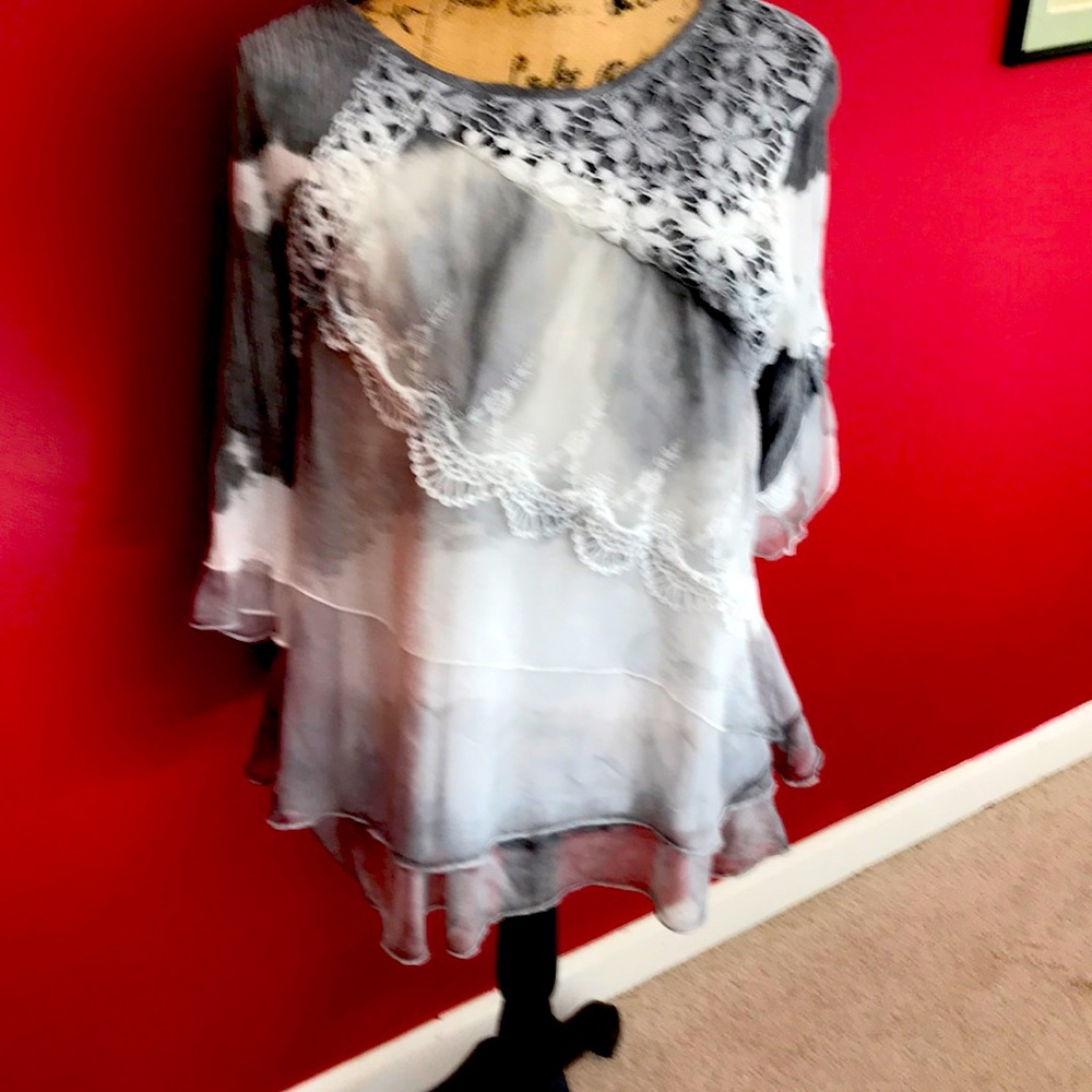 Very feminine soft gray and white ladies layered top with short sleeves.